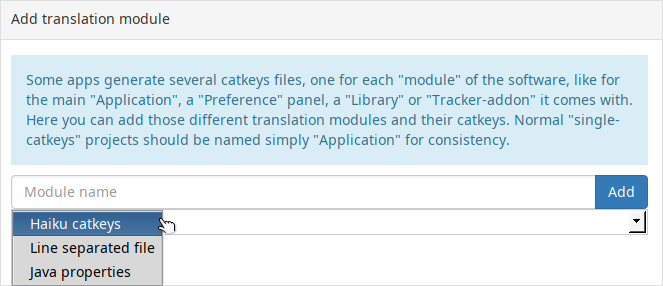 The "Translation modules" page to name parts of your application that need translation.